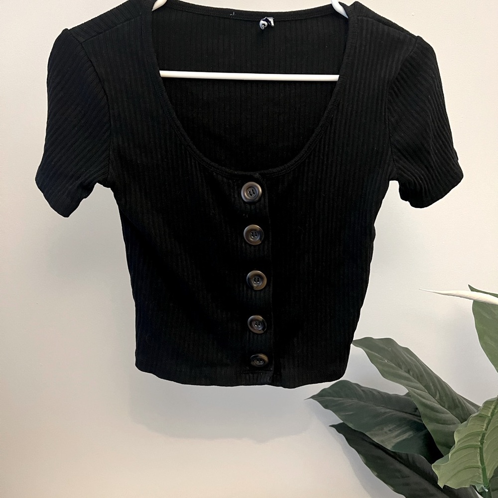 Zara black knit button down top